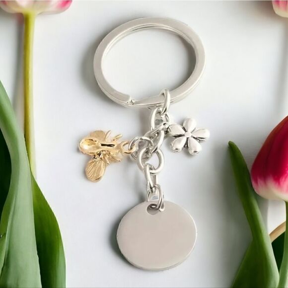 Honey Bee & Flower Keychain Metal Key Ring Purse Bag Backpack Charm - Picture 2 of 4